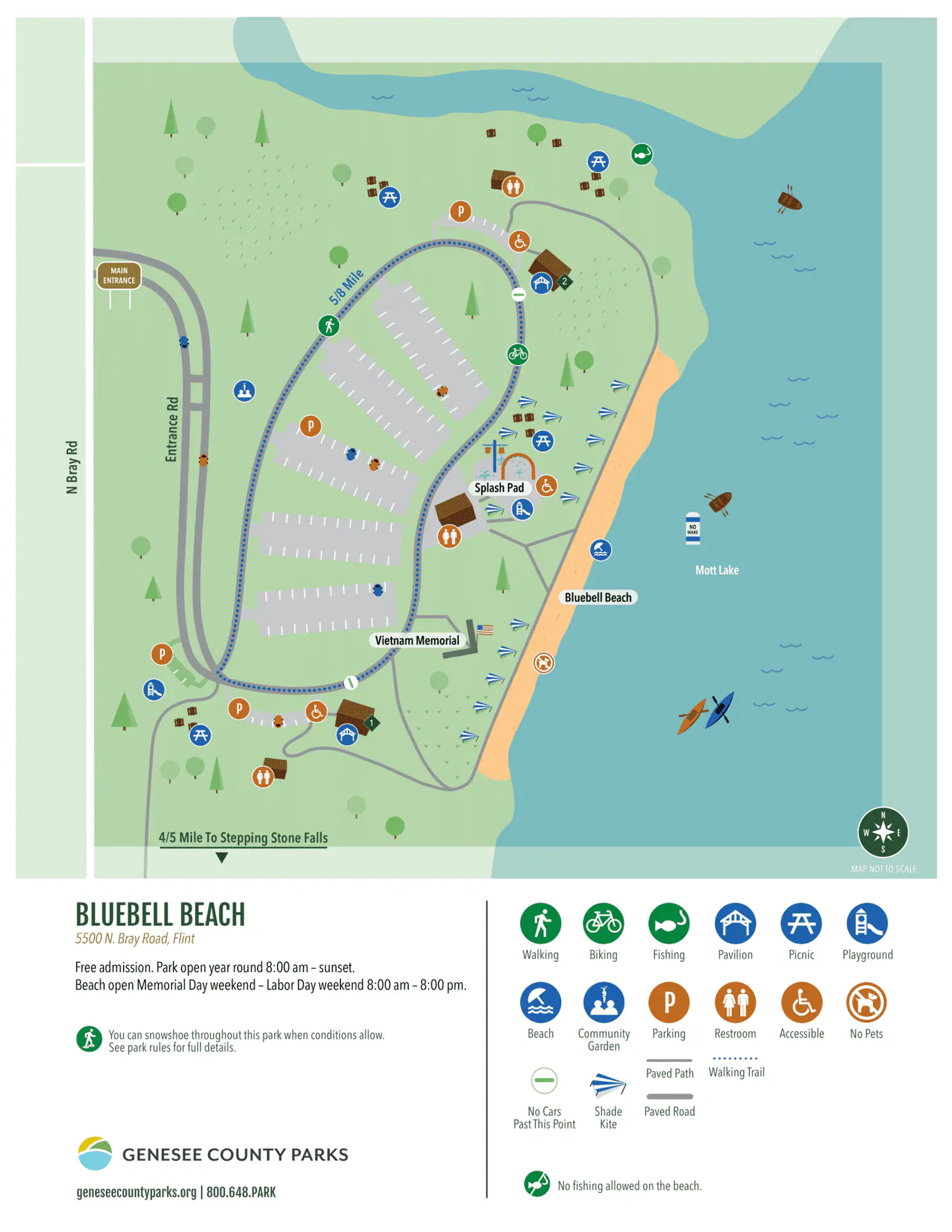 Map of Bluebell Beach showing the splash pad and surrounding amenities.