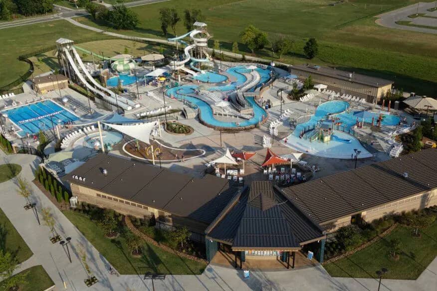 Drone image of Rogers Aquatics Center.