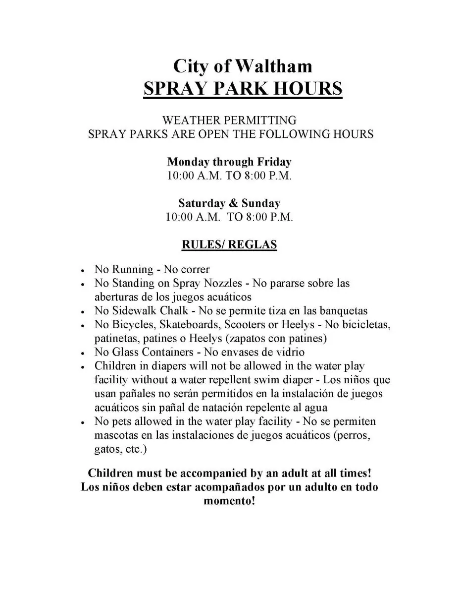 Waltham spray parks rules sign.