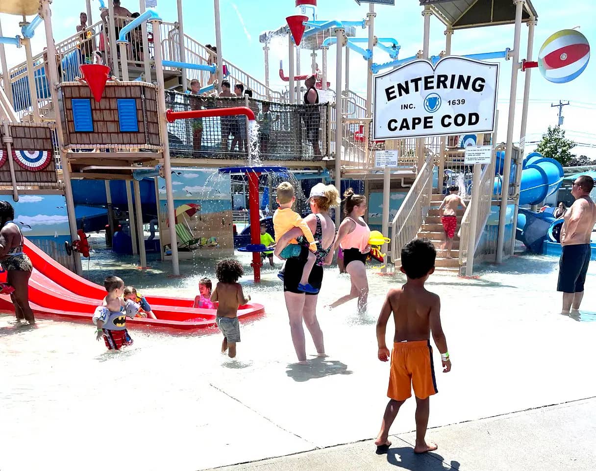 Families enjoying Splash Island at Wicked Waves Cape Cod.
