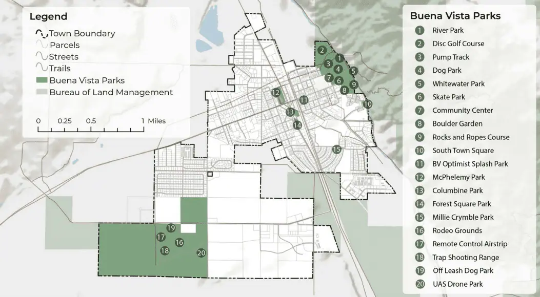 Map of Buena Vista parks and facilities including BV Optimist Square Splash Park.