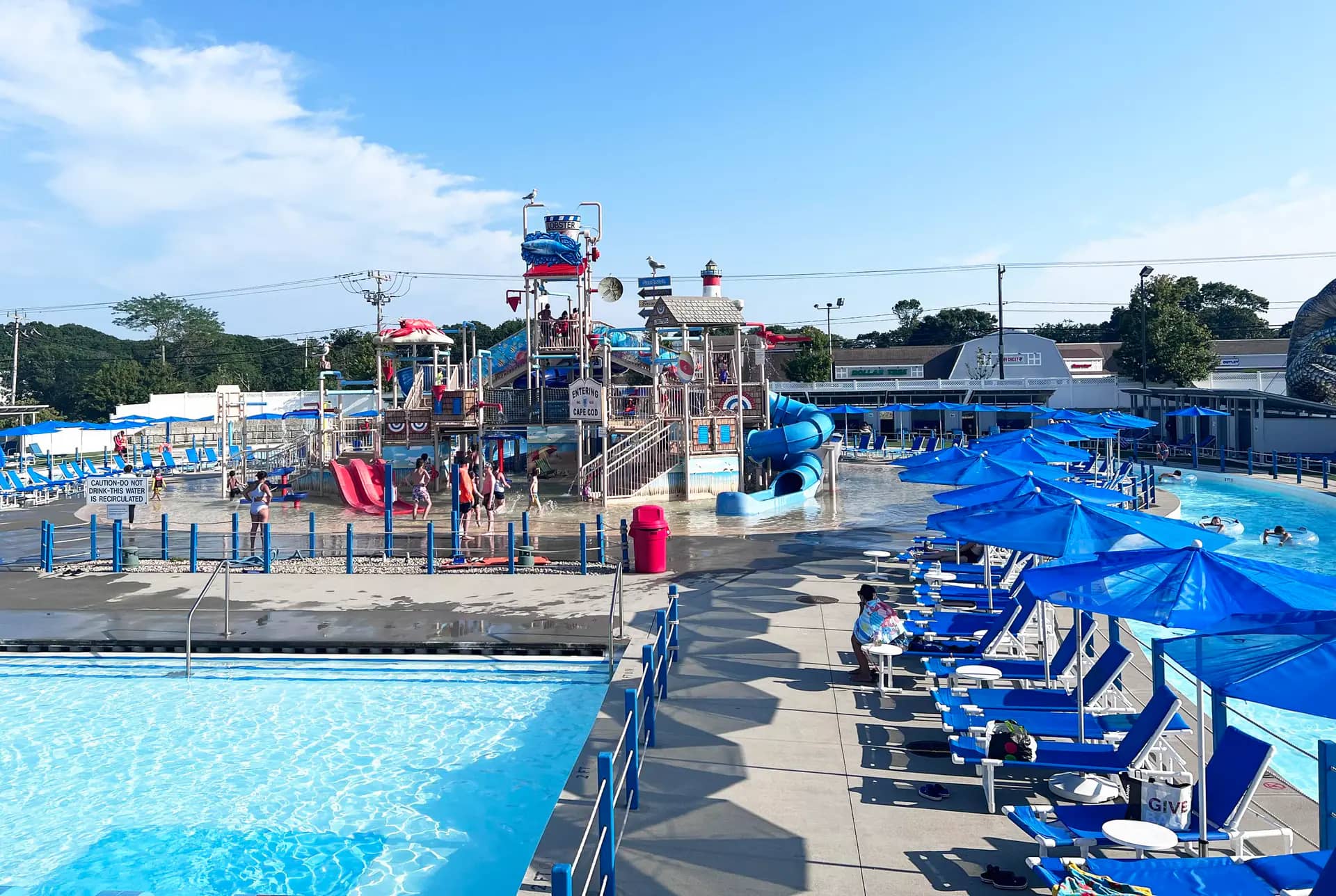 View of Splash Island and surrounding seating at Wicked Waves.