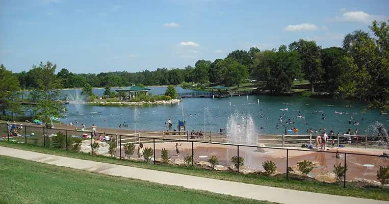Stephens Lake Park beach and spraygrounds together.